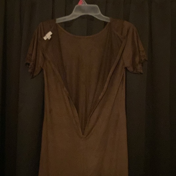 C brand Solid Brown Suede-Like Stretchy Short-Sleeved Dress with Flowery Trim - Picture 4 of 16
